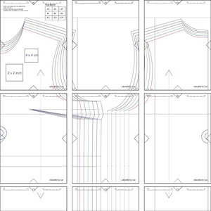 以下が含まれることがあります： 9ページの縫製パターンで、各ページに異なるデザインが描かれています。パターンには、インチ単位のサイズ表が含まれています。パターンは、Vネックとカーブした裾の衣服用です。
