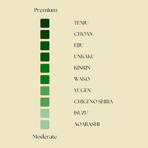 May include: A colour palette featuring a gradient of green squares, from dark to light, with Japanese text alongside. The top of the palette is labelled "Premium," and the bottom is labelled "Moderate."