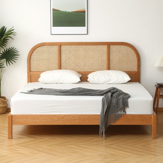 Bohemian Solid Cherry Wood Bed Frame Rattan Wooden Bohemian Solid Cherry Wood Bed Frame, Boho King Bed Frame