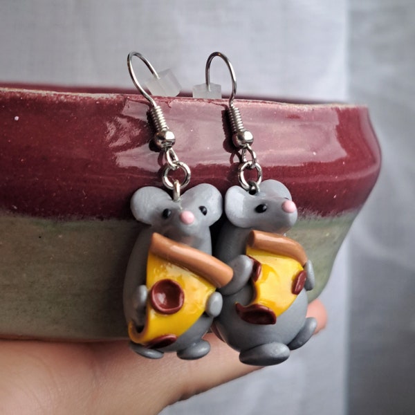 Rat Holding Pizza Slice- Mouse- Handmade Polymer Clay Charm Earrings