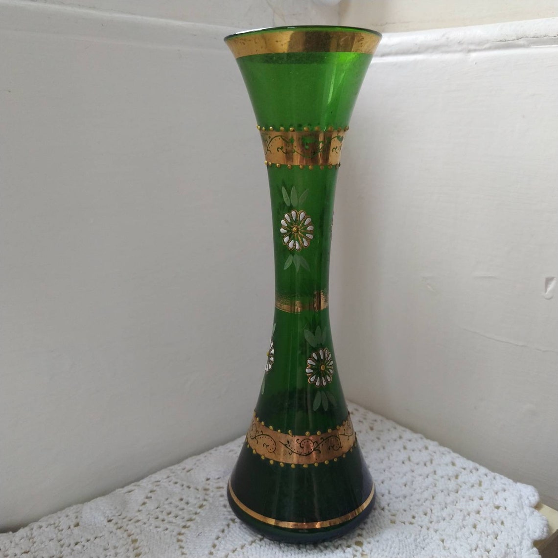 Beautiful Hand Painted Victorian Green Glass Vase Ref 018 Etsy
