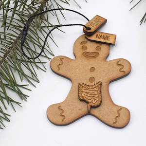 May include: Wooden gingerbread man Christmas ornament with a detailed intestine design. The ornament has two blank tags for personalization, one labeled "NAME" and the other "YEAR".