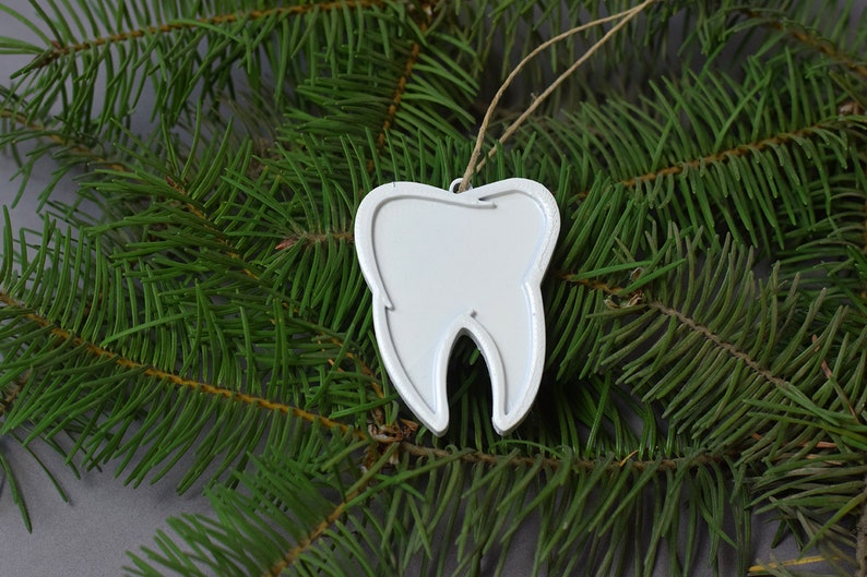 May include: White tooth-shaped Christmas ornament hanging from a pine tree branch.