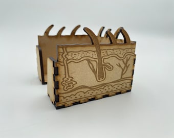May include: A wooden box with a detailed illustration of skin layers and a hair follicle. The box is made of light brown wood and has a dark brown border.