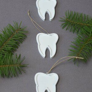 May include: Three white tooth-shaped ornaments with twine hangers. The ornaments are on a gray background with green pine branches.
