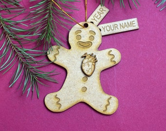 Wood Gingerbread Man Ornament with Anatomical Heart - Doctor Gift