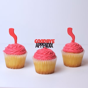 May include: Three pink frosted cupcakes with red and black decorations. The middle cupcake has a topper that says "GOODBYE APPENDIX".