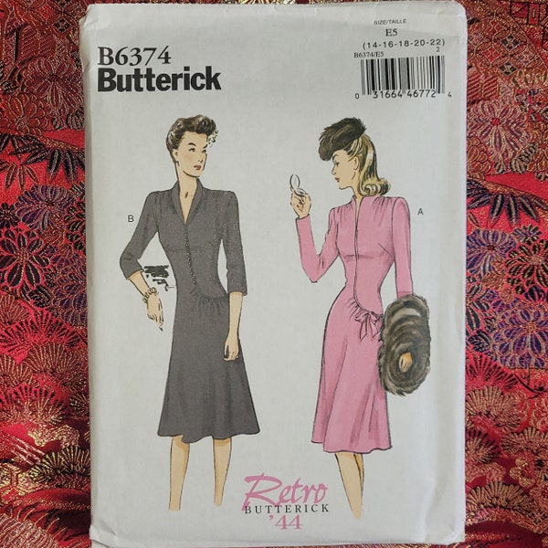 Swan-Neck 40s Style Dresses, Butterick 6374 Sewing Pattern sizes 14-22