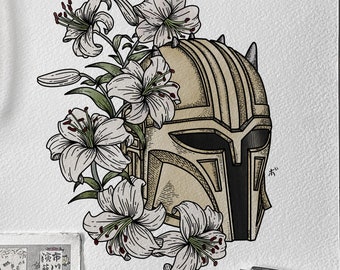 May include: A detailed line drawing of a Mandalorian helmet with a floral arrangement of white lilies. The helmet is beige and brown with black details. The lilies are white with green stems and leaves. The drawing is on a white background.