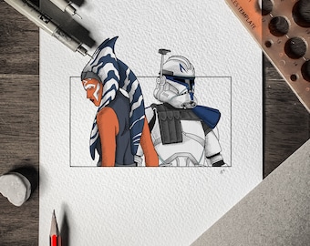 May include: A black and white illustration of a Star Wars character, Ahsoka Tano, with blue and white markings on her head, and a white and blue clone trooper with a helmet. The illustration is on a white background.