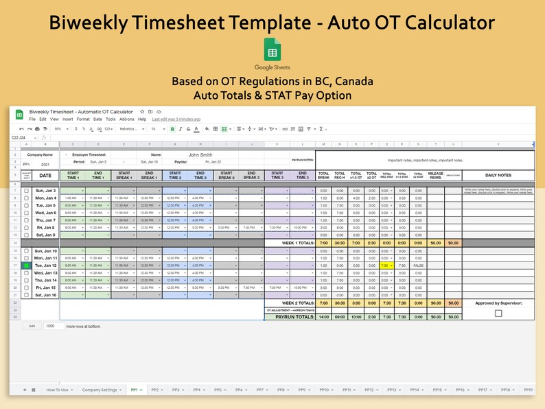 Google Sheets Biweekly Timesheet Auto Totals Auto OT Calculator
