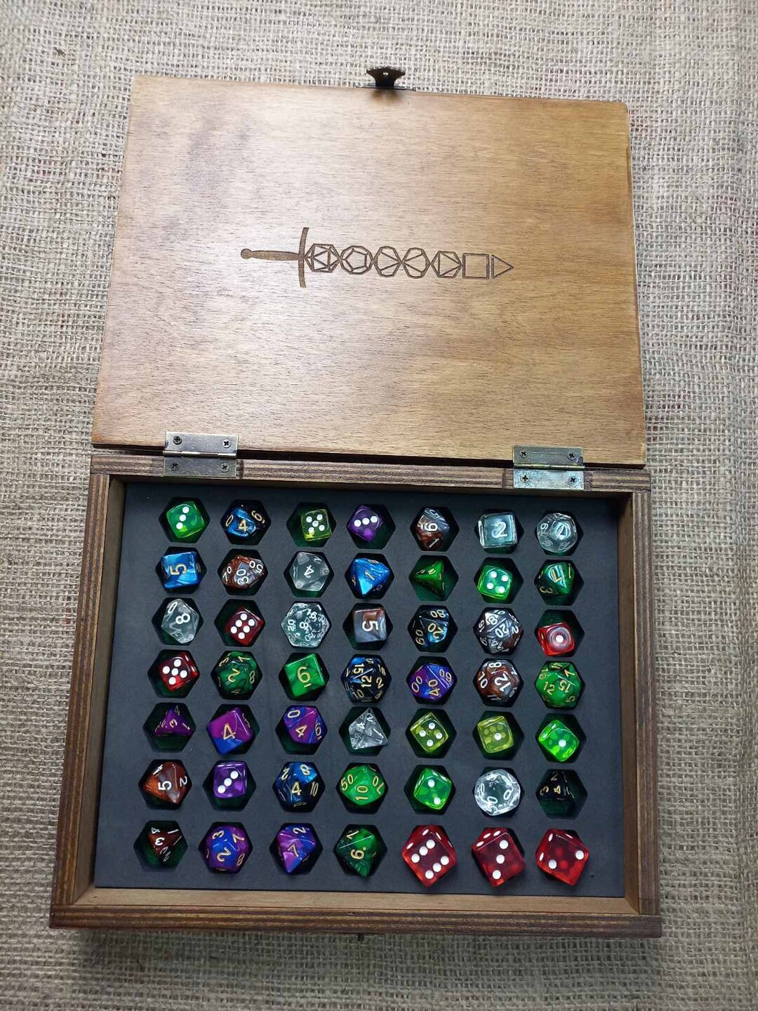 DM Dice Organizer 7 Set Dice Wooden System for Gaming Storage Soft Foam