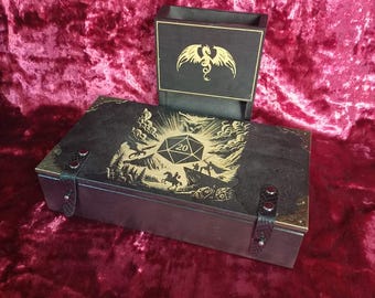 Custom Dragon Set Black Dice Tower and Wooden Dice Tray  Custom engraving Board Game RPG Game DnD Wood Tray Set DnD roll the dice box