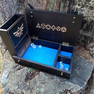 Black Set 2 Dice Tower and Wooden Dice Tray Dungeons and Dragons Custom engraving Board Game RPG Game DnD Wood Tray  DnD roll the dice box