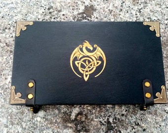 Celtic Dragon Set Black Dice Tower and Wooden Dice Tray  Custom engraving Board Game RPG Game DnD Wood Tray Set DnD roll the dice box