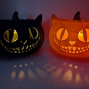 May include: Two Halloween cat-faced pumpkin decorations. One is black, the other is orange. Both have carved eyes, noses, and toothy grins, with light shining through. The pumpkins have cat ears and are lit from within, casting shadows.