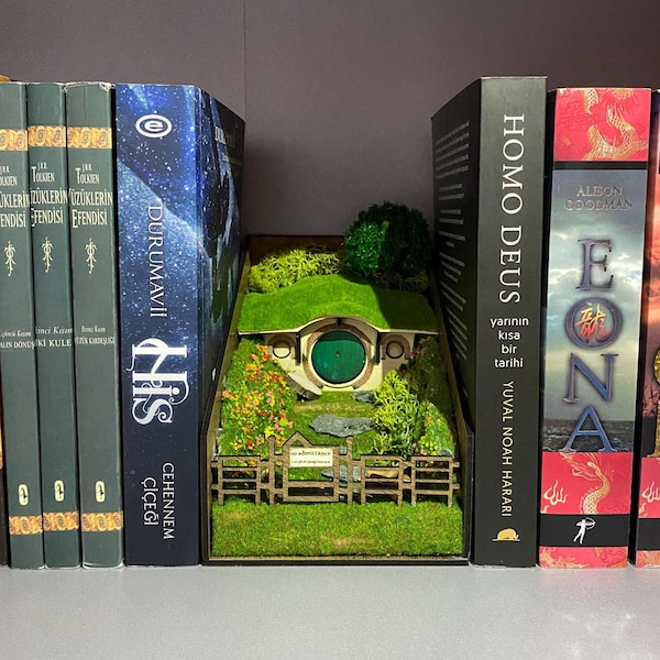 Fantasy Book Nook | Round Door Burrow Diorama | Miniature Library Decor