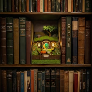 Puede incluir: Una estantería de madera llena de libros antiguos. Un diorama en miniatura de un agujero de hobbit con una puerta verde, dos ventanas redondas y una calabaza se encuentra entre los libros. El diorama está iluminado con luz cálida.