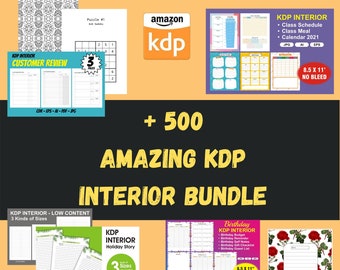 May include: A collage of images showcasing a bundle of over 500 printable KDP interior templates. The bundle includes a variety of templates for different purposes, such as customer reviews, holiday stories, birthday planners, and class schedules. The templates are available in three sizes and are designed to be printed on 8.5 x 11 inch paper.