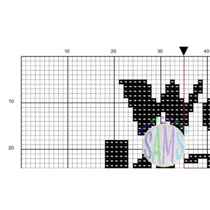 May include: Black and white cross stitch pattern of a cat with the text "SAMS" in a circle.