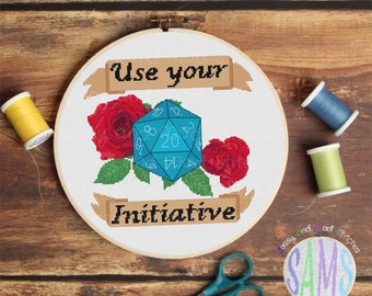Use Your Initiative Cross Stitch Pattern: RPG, D&D, Dice, D20, Funny, Nerdy, Tabletop Game (PDF)