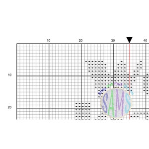 May include: A white circle with the name "SAMS" written in colorful letters. The letters are in a rainbow color scheme. The circle is on a grid background with black arrows.