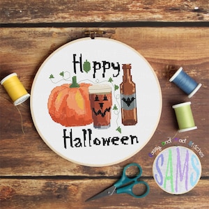 Hoppy Halloween ~ Digitales Kreuzstichmuster ~ Bier, Halloween, Fledermaus, Horror, modern, gruselig