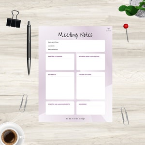 Meeting Notes Template with Affirmation | Meeting Notes PDF | Printable Meeting Minutes & Notes