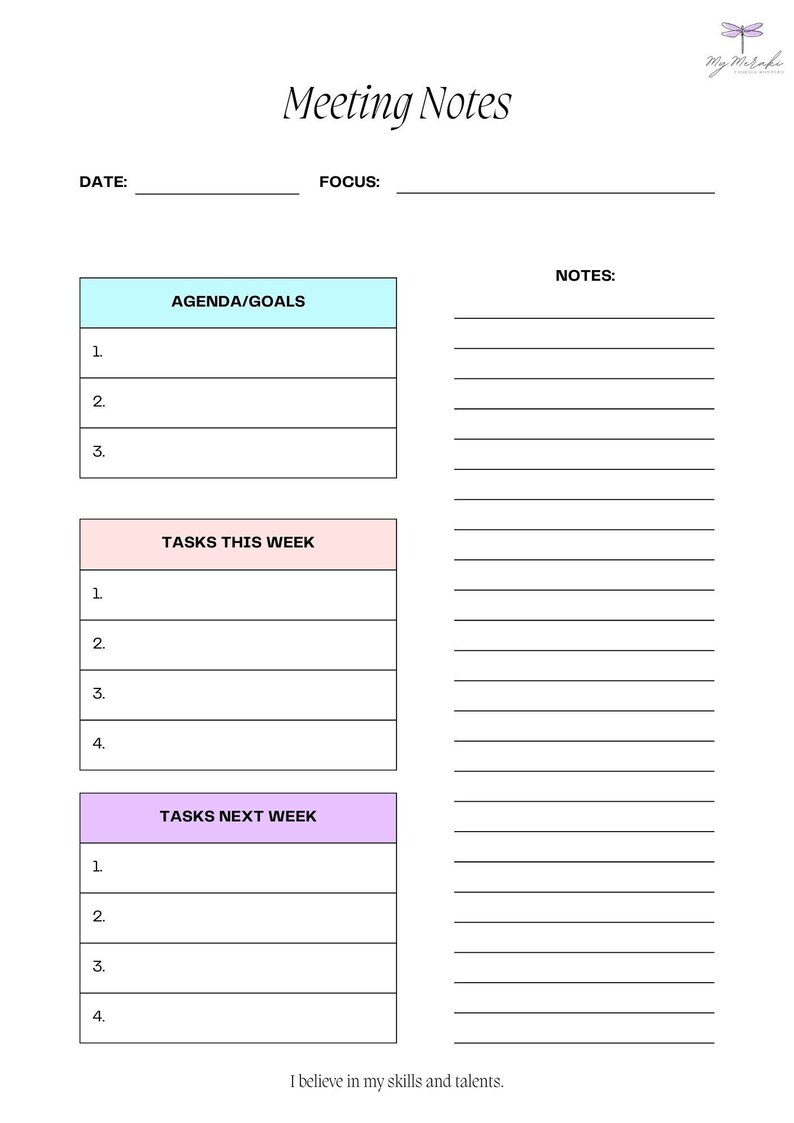 Task For Next Week Meeting Notes Template: Printable Meeting Minutes With Affirmation (PDF ...