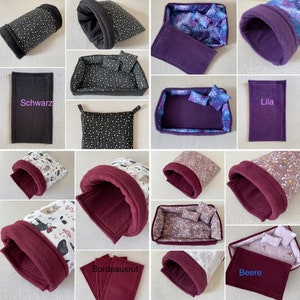 Puede incluir: Un collage de im&aacute;genes que muestran diferentes estilos de camas y t&uacute;neles para mascotas peque&ntilde;as. Las camas est&aacute;n hechas de varias telas y colores, incluyendo negro, morado y burdeos. Los t&uacute;neles est&aacute;n hechos de suave vell&oacute;n y tienen diferentes patrones. El texto "Schwarz", "Lila", "Beere" y "Bordeauxrot" es visible en la imagen.