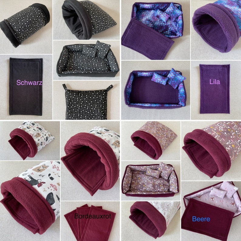 Puede incluir: Un collage de im&aacute;genes que muestran diferentes estilos de camas y t&uacute;neles para mascotas peque&ntilde;as. Las camas est&aacute;n hechas de varias telas y colores, incluyendo negro, morado y burdeos. Los t&uacute;neles est&aacute;n hechos de suave vell&oacute;n y tienen diferentes patrones. El texto "Schwarz", "Lila", "Beere" y "Bordeauxrot" es visible en la imagen.