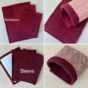 Puede incluir: Tres camas para mascotas de felpa color burdeos con diferentes patrones. La primera cama es un conjunto de tres camas cuadradas, la segunda es una cama cuadrada individual y la tercera es una cama redonda con un patr&oacute;n floral. El texto "Bordeaux" est&aacute; en la cama cuadrada m&aacute;s grande y el texto "Beere" est&aacute; en la segunda cama cuadrada m&aacute;s grande.