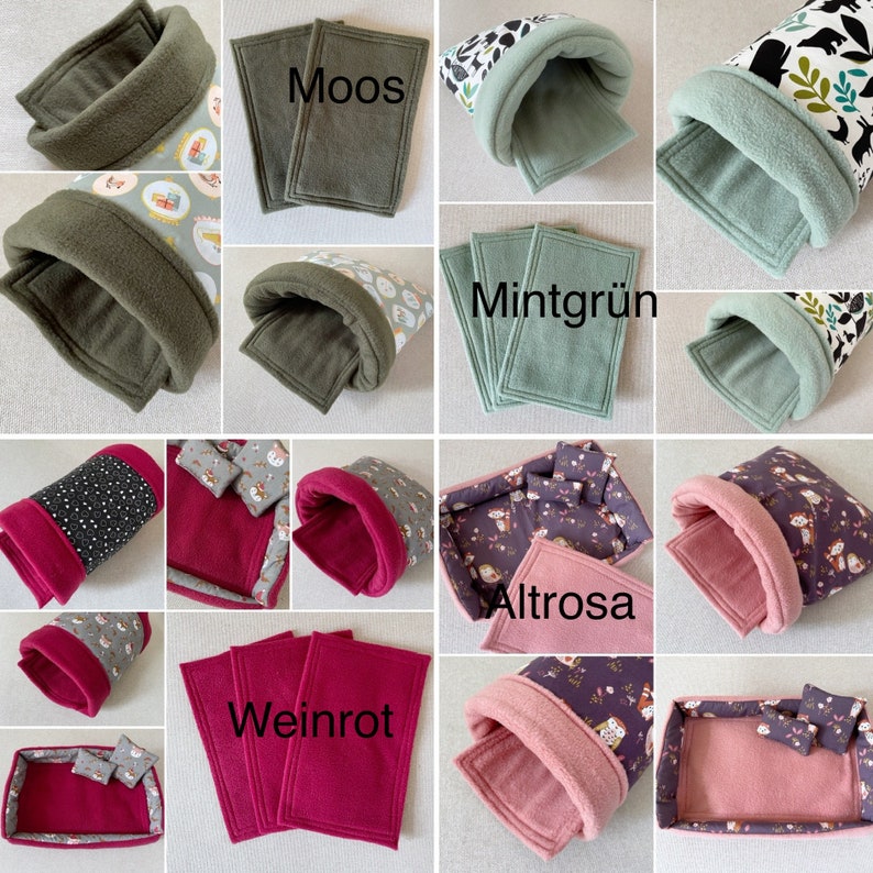 Puede incluir: Una colecci&oacute;n de 10 camas para mascotas de diferentes colores de franela. Las camas son de varias formas, incluyendo una cama redonda, una cama rectangular y una cama con un t&uacute;nel. Los colores incluyen verde, rosa, rojo, morado y gris.