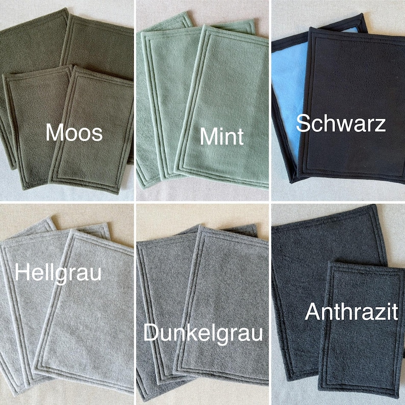 Puede incluir: Un juego de diez manteles individuales forrados de forro polar en varios colores, incluyendo verde musgo, verde menta, negro, gris claro, gris oscuro y antracita. Los manteles individuales son todos rectangulares y tienen un borde cosido.