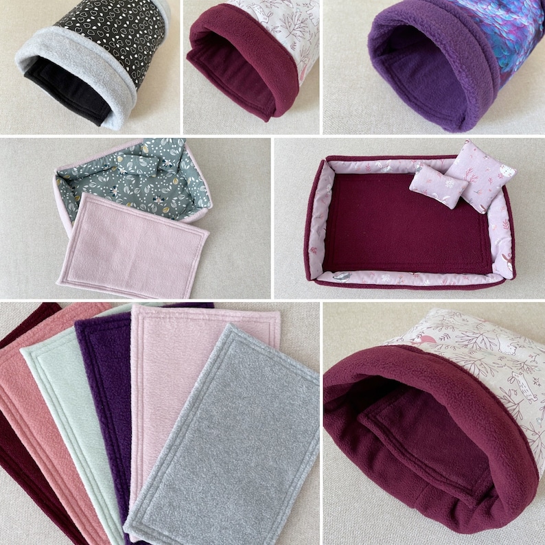 Puede incluir: Un conjunto de seis camas para mascotas en varios colores y patrones. Las camas incluyen una cama rectangular forrada de forro polar burdeos, un t&uacute;nel forrado de forro polar burdeos, una cama rectangular forrada de forro polar burdeos con estampado floral y tres almohadillas rectangulares forradas de forro polar en rosa, verde y gris.