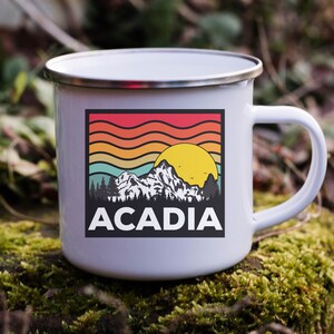 Acadia National Park Mug Hiking Camping Retro Sunrise Mug Travel Enamel Vintage Mug Acadia Souvenir Mug RV Coffee Cup Coffee Lover Gift