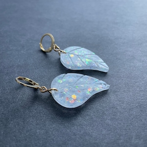 Chunky Opal Glitter and Pearl Leaf Earrings