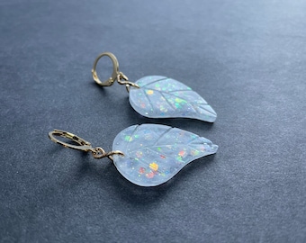 Chunky Opal Glitter and Pearl Leaf Earrings