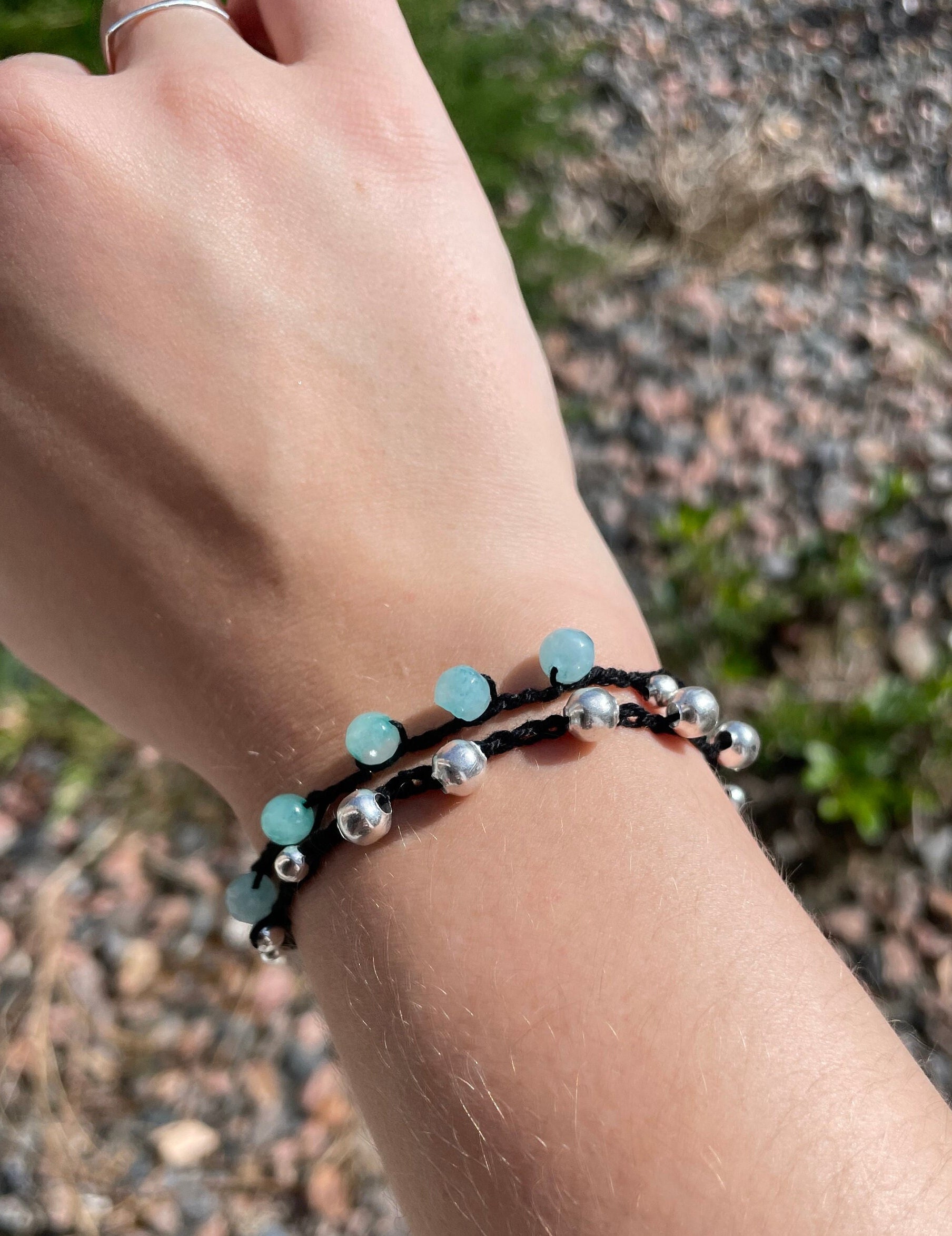 Double Wrap Beaded Crochet Bracelet with Gemstone Accent Beads
