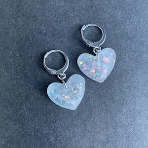 Pearl and Opal Glitter Resin Heart Earrings