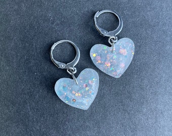 Pearl and Opal Glitter Resin Heart Earrings