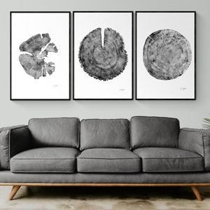Large 3 piece tree ring art prints, Triptych wall art set, Thoughtful 5th Anniversary gift, above bed decor modern, Woodblock northprints