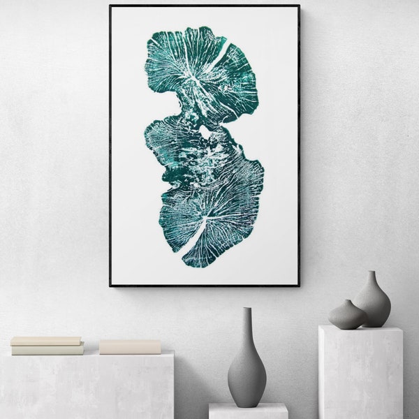 Emerald Green Linocut Print For Wall, 24 x 36 Lino Print, Living Room Wall Decor, Botanical Woodblock Print, Original Large Artwork