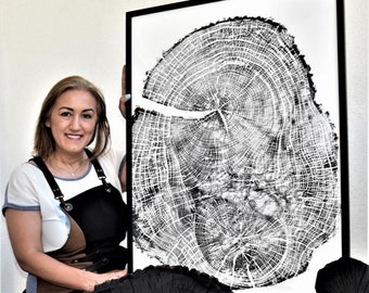 Old Ash Tree Ring Linocut Print, 24x36 Wall Art