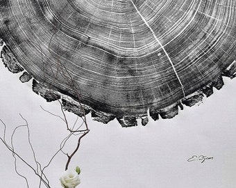 210-Year-Old Ash Tree Ring Woodcut Linocut Print, Black & White, Handmade Wall Art