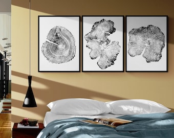 Tree Ring Linocut Print Set of 3, Handmade Woodcut Wall Art, Rustic Modern Nature Decor, 18x24