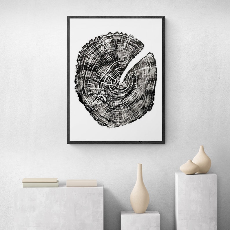 May include: Black and white print of a tree trunk cross section, showing the rings. The print is framed in a black frame and hanging on a white wall.