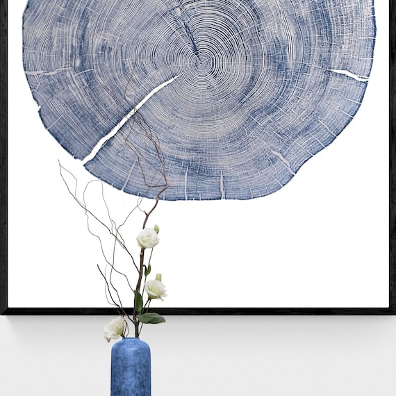Tree Ring Print Cedar Tree Ring – Large 24x36 Linocut Woodcut Art Print, Blue Minimalist Rustic Nature Wall Art, Scandinavian Decor