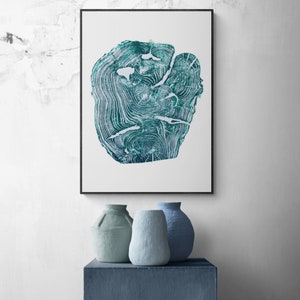 Emerald Green Tree Ring Wall Art, Wood Rings Linocut Print, Botanical Large Print Art, Original Woodcut Print