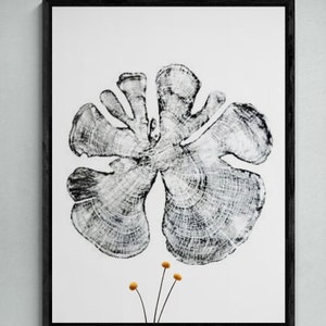 May include: Black and white print of a tree cross section with a flower motif. The print is framed in a black frame.